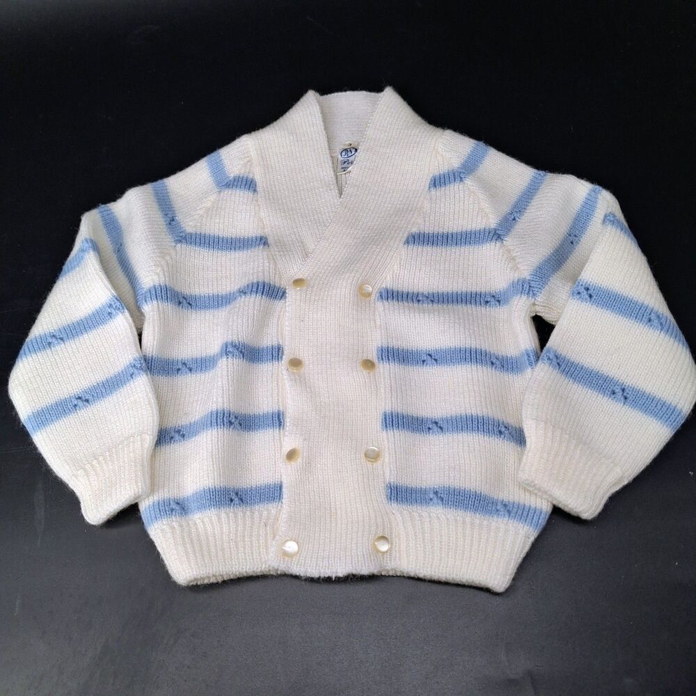 Vintage Double Breasted Knit Cardigan Sweater Toddler Size 3 White Blue Striped